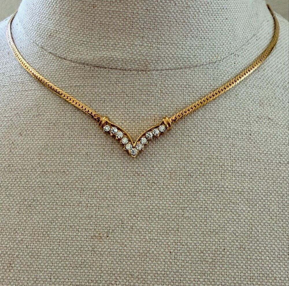 Vintage Gold Tone Rhinestone V Necklace Herringbone